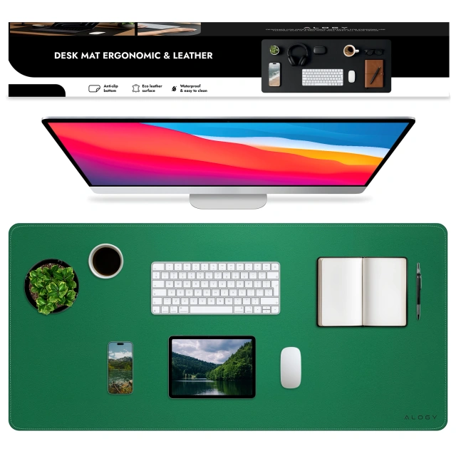 Desk pad 90×45 cm – anti-slip protective mat made of elegant PU eco-leather, for mouse and keyboard, stylish and durable – Alogy WorkMat™ Green