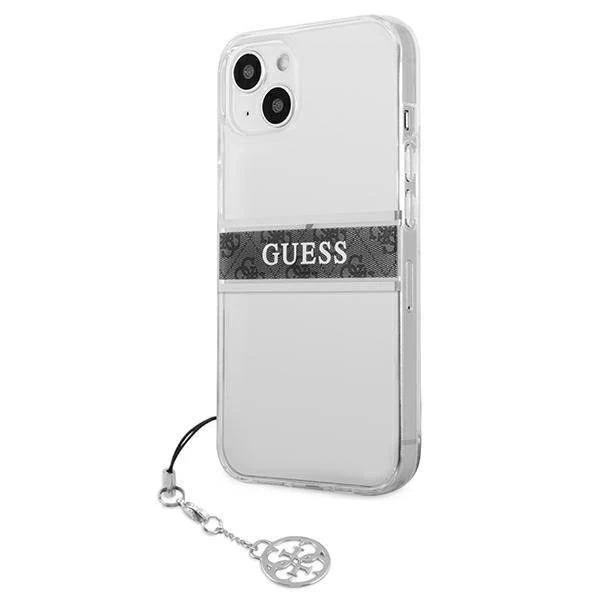 Guess GUHCP13SKB4GGR iPhone 13 mini 5,4" průhledné pevné pouzdro 4G Gray Strap Charm