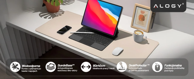 Desk pad 80×40 cm – anti-slip protective mat made of elegant PU eco-leather, for mouse and keyboard, stylish and durable – Alogy WorkMat™ Beige