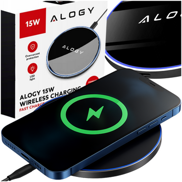 QI wireless inductive charger 15W fast LED Alogy round for iPhone USB-C cable Black