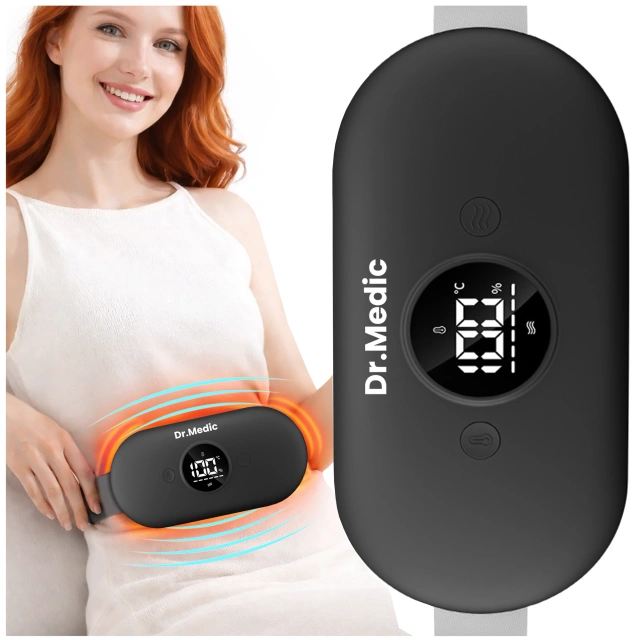 Pas Grzejący z Masażerem na okres i plecy - przeciwbólowy, ciepło + wibracje, 6 poziomów intensywności, akumulator 1800 mAh - Dr.Medic ThermoPulse™ Czarny