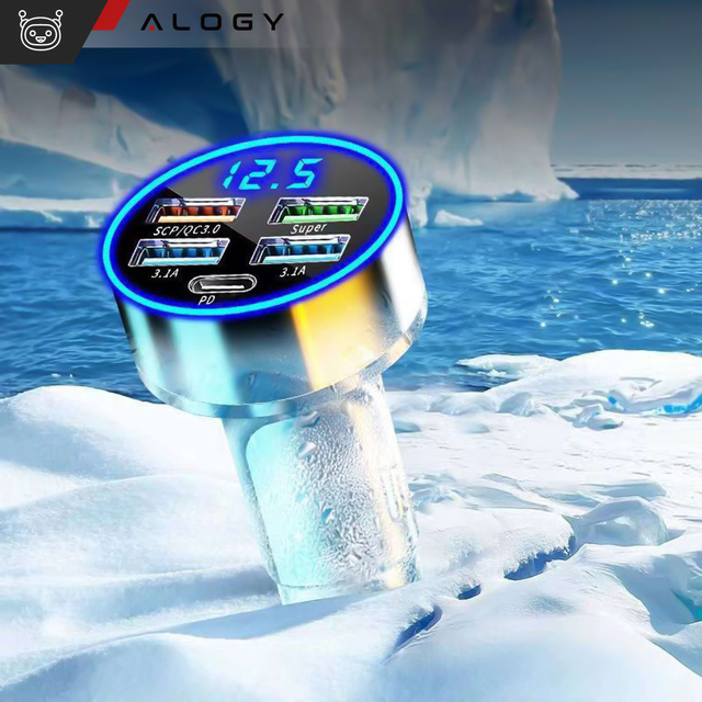 Nabíjačka do auta 4x USB QC 3.0 USB C PD 20W LED rýchla výkonná 250W pre telefón Alogy do auta čierna