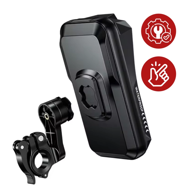 Držák na telefon na motocykl a kolo pro telefony do 7" Voděodolný, IP66 s dotykovou obrazovkou, s portem pro kabel, pro motocykly, kola, skútry, Kewigy - černý