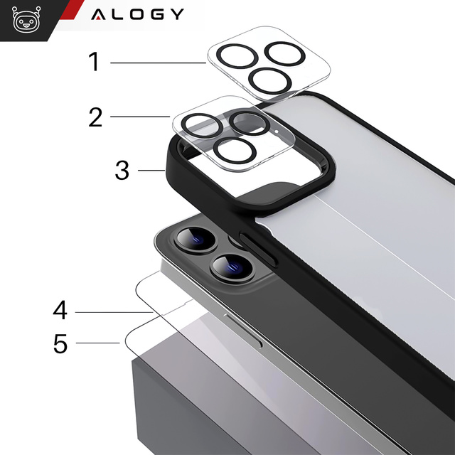 Hülle für iPhone 14 Pro Set mit 4 Brillen 5in1 gepanzert 360 Alogy Hybrid 2x Bildschirmglas 2x Linse schwarz-transparent