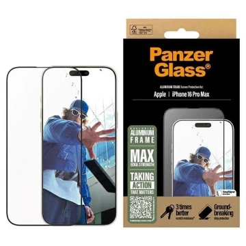 Tvrzené sklo pro iPhone 16 Pro Max PanzerGlass Ochranné sklo s hliníkovým rámem Ultra-Wide Fit s hliníkovým rámem