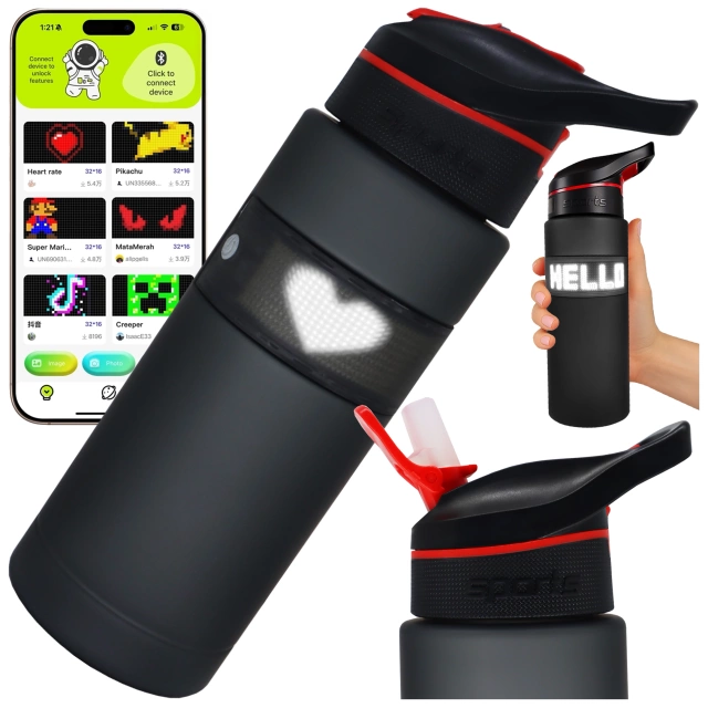 Alogy FitBottle™ 800ml Smart LED Drink Bottle with Display and Bluetooth Connectivity, Straw, Motivational, Reusable - Black