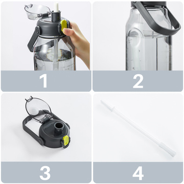 Bottle, drinking water bottle with a straw, 1.5l, motivational, with a reminder, with a motivational measure, with a handle, Black Washing brush