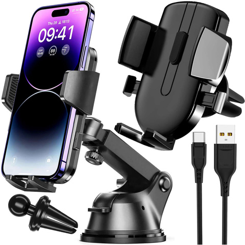 Uchwyt samochodowy do telefonu 2w1 Alogy na szybę do kratki na deskę rozdzielczą Czarny + Kabel USB-C 2.4A 1m