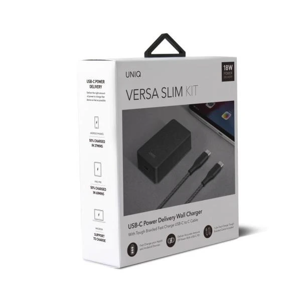 UNIQ Wall Charger Versa Slim USB-C PD 18W USB-C to USB-C cable black/charcoal black (LITHOS Collective)
