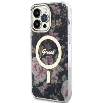Puzdro na telefón Guess GUHMP14XHCFWSK do Apple iPhone 14 Pro Max 6,7" čierne/čierne pevné puzdro Flower MagSafe