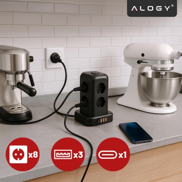 Przedłużacz 12w1 Rozdzielacz wieża ładująca Alogy ChargeTower Pro 2500W 8x gniazdo ładujące 3x USB.A 1x USB.C kabel 1.8m Czarny