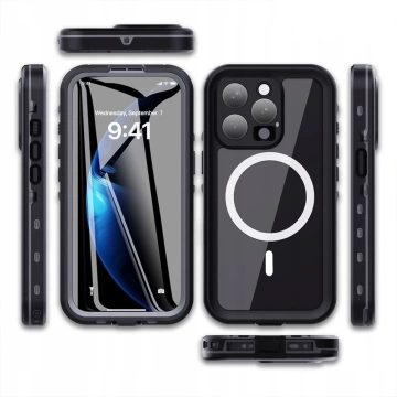 Pouzdro pro iPhone 15 vodotěsné Mag Safe Case pancéřované vodotěsné pouzdro černé a šedé
