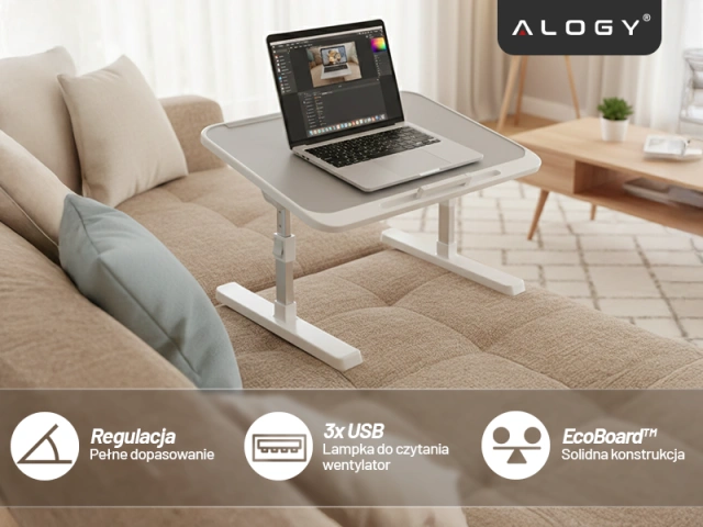 Stolik składany regulowany 60×35 cm – biurko na laptopa z szufladą i portem USB, składane nogi, stabilna konstrukcja do pracy i nauki – Alogy FoldDesk™