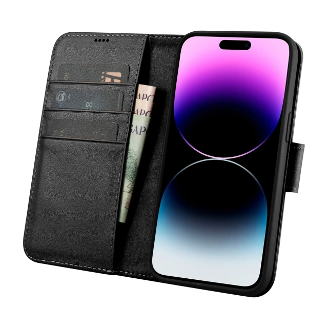 iCarer Wallet Case 2v1 pouzdro na telefon pro iPhone 14 Pro Max Anti-RFID kožený flipový kryt černý