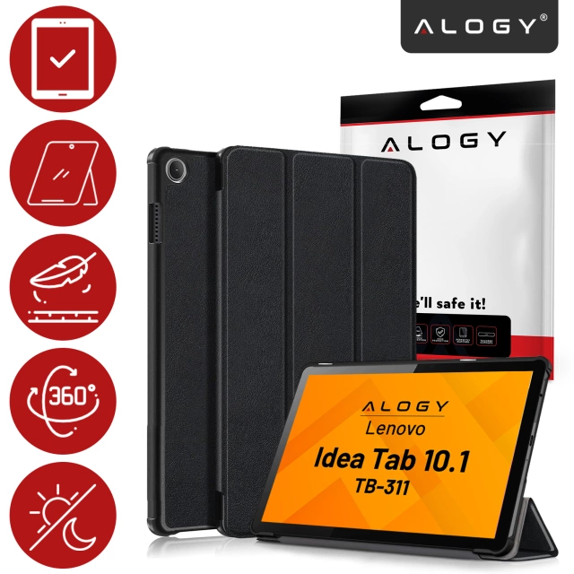 Lenovo Tab 10.1 TB-311 Slim Schutzhülle mit Klappdeckel, schlanke Falthülle, Alogy BookGuard™ – Schwarz, gehärtetes Glas