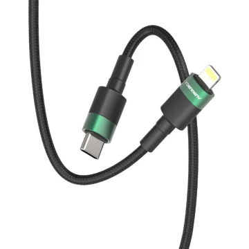 Kábel USB-C - Lightning PD 3A, čierny opletený, 1 m, D62 20 W