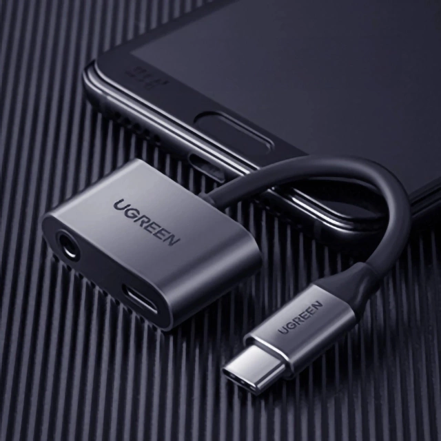 Зарядний адаптер Ugreen CM193 USB-C на 3,5 мм Mini Jack USB-C сірого кольору