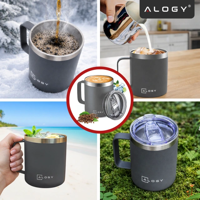 Termohrnek 420 ml s uchem a víčkem na kávu, čaj, ocel, studené a teplé nápoje Alogy Grey