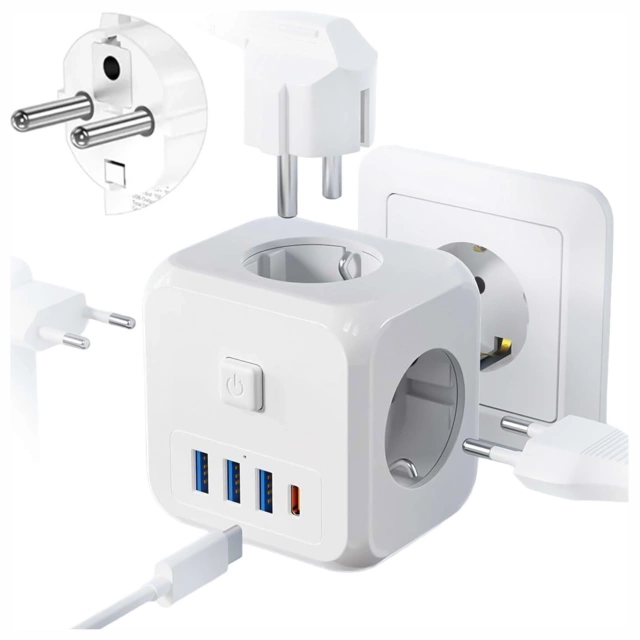 Rozgałęźnik sieciowy rozdzielacz Ładowarka adapter złodziejka 3 gniazdka EU 3x USB + USB-C C 7w1 Alogy Biały