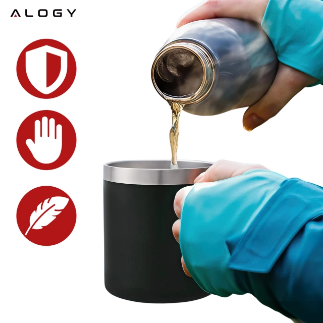 Termohrnček 420 ml s uškom a vrchnákom na kávu, čaj, oceľ, studené a teplé nápoje, Alogy Black