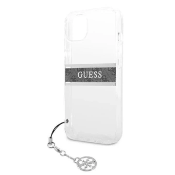 Guess GUHCP13SKB4GGR iPhone 13 mini 5,4" průhledné pevné pouzdro 4G Gray Strap Charm