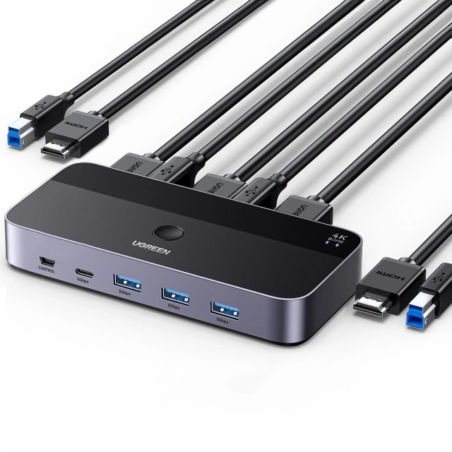 Przełącznik KVM Ugreen CM664 HDMI 4K 60Hz USB-C Pilot 2w1 5Gb/s Czarny