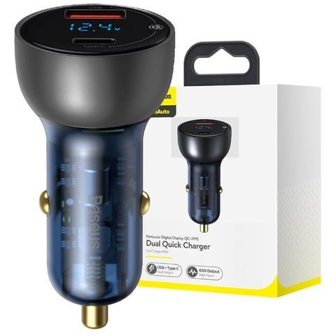 Baseus USB / USB-C Type-C LED 65W QC PPS nabíjačka do auta sivá