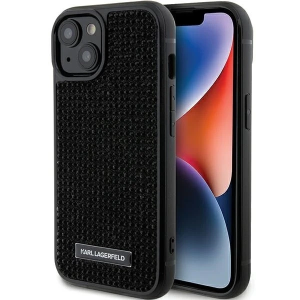 Etui Karl Lagerfeld KLHCP15SHDSPLK na iPhone 15 6,1" čierny/čierny pevný obal s kamienkovým logom kovová platňa