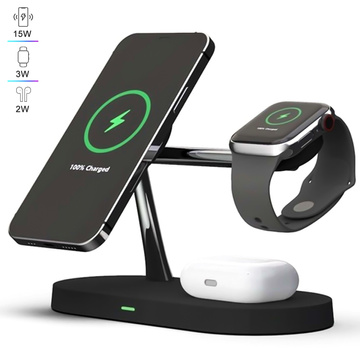 Qi Mag Safe 15W indukční nabíječka pro iPhone Apple Watch AirPods bezdrátová dokovací stanice 5v1 Černá