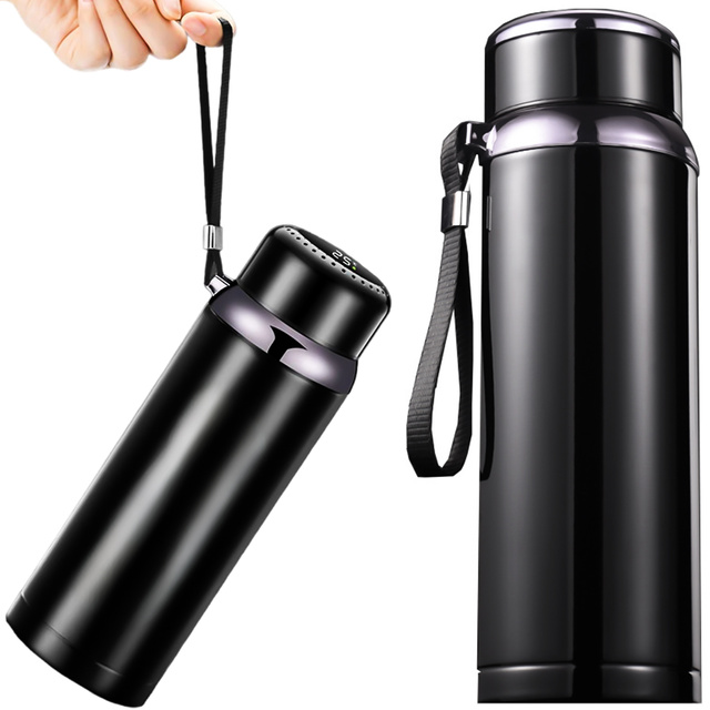 Пляшка-термос Терм-пляшка 800мл для кави, чаю, йерба-мате, світлодіодне ситечко, нитка, дисплей Alogy, чорний, Щітка для миття