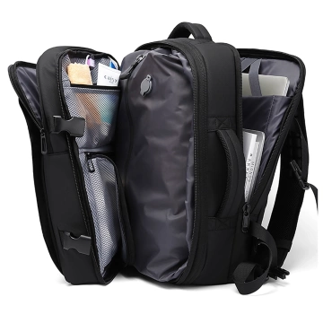 Bange Waterproof Laptop Backpack for City Travel 46x30.5x20 cm with the possibility of expansion for work on an airplane for men and women with a vacuum compartment and a vacuum pump Black