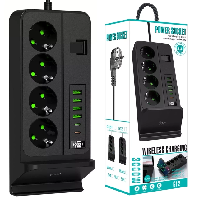 Alogy Plug Extender Socket Splitter Adapter Extension Cord with Qi Inductive Charger 4x EU Plug 4x USB 2x USB-C Black