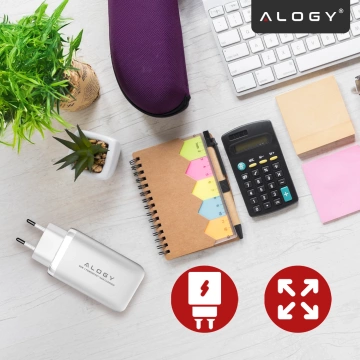 Alogy GaNCharge Kompaktes 3-in-1-Wandladegerät, schnelles Laden, GaN3, 65 W, USB-A, 30 W, 2 x USB-C, 65 W, Weiß