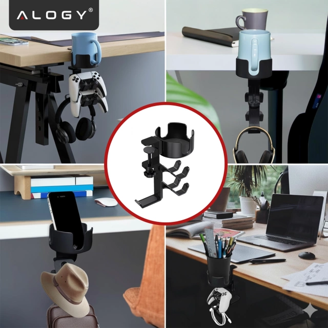 Uchwyt do biurka wielofunkcyjny – na kubek, pady i słuchawki, mocowanie do blatu, antypoślizgowy i stabilny – Alogy DeskClamp™ Czarny