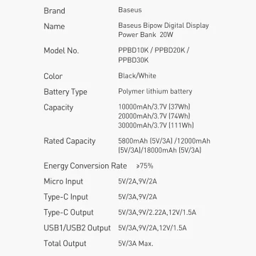 Powerbanka s rychlým nabíjením Baseus Bipow 10000mAh 20W bílá (Overseas Edition) USB-A - Micro USB kabel 0,25m bílý (PPBD050502)