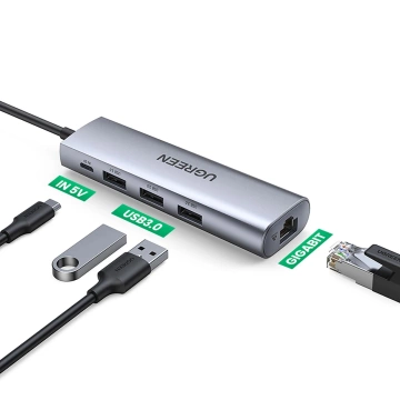 Ugreen CM266 USB-A 3.0 RJ45 Adapter 3x USB-A micro USB Hub 5in1 Gray
