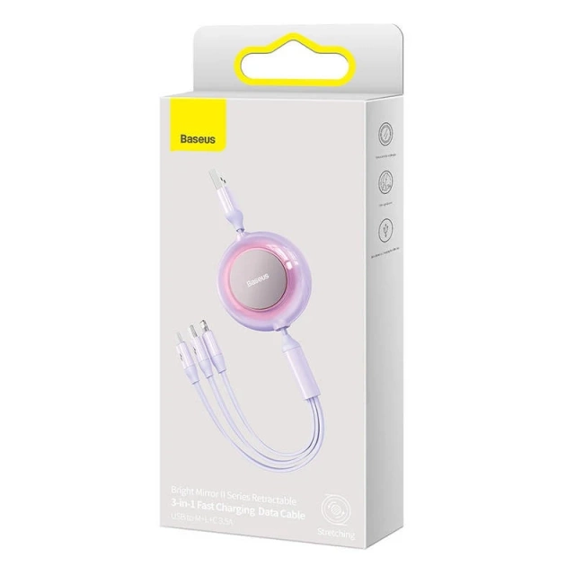 Baseus Bright Mirror 2 3v1 USB kabel, micro USB / Lightning / USB-C, plochý, 3,5 A, 1,1 m (fialový)