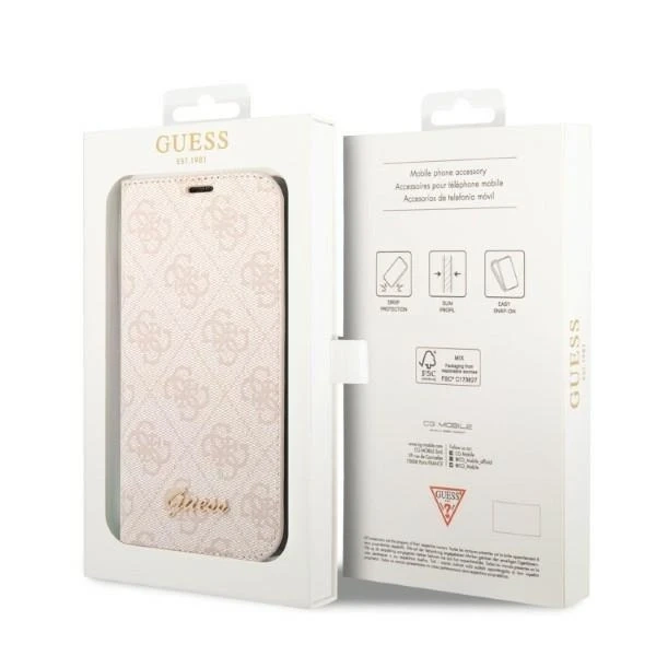 Pouzdro Guess GUBKP14XHG4SHP pro Apple iPhone 14 Pro Max 6,7" růžová/růžová kniha 4G Vintage Gold Logo