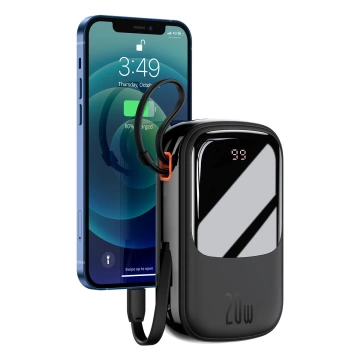 Powerbanka s rychlým nabíjením Baseus Qpow Digital Display 20000mAh 20W QC/PD/SCP/FCP s vestavěným Lightning kabelem černá