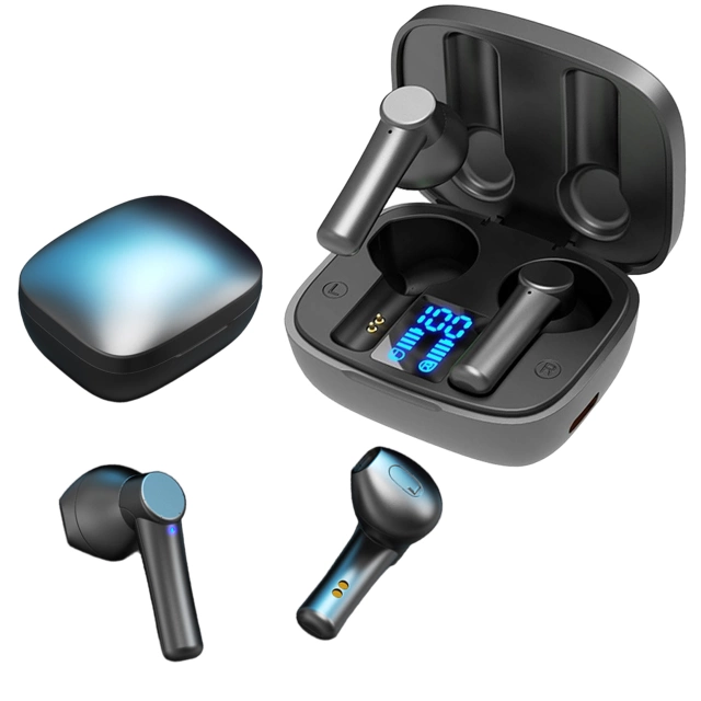 Bezdrátová sluchátka Alogy TWS Bluetooth 5.0 LED s nabíjecím pouzdrem IPX5, powerbankou USB-C, černá