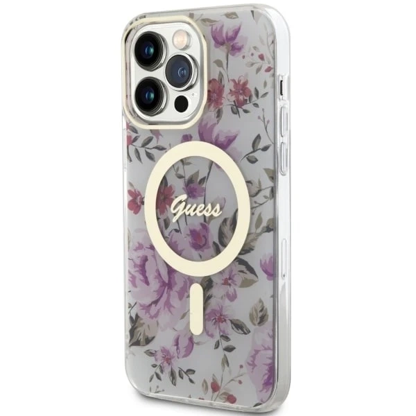 Etui na telefon Guess GUHMP14XHCFWST до Apple iPhone 14 Pro Max 6,7" прозорий жорсткий чохол Flower MagSafe