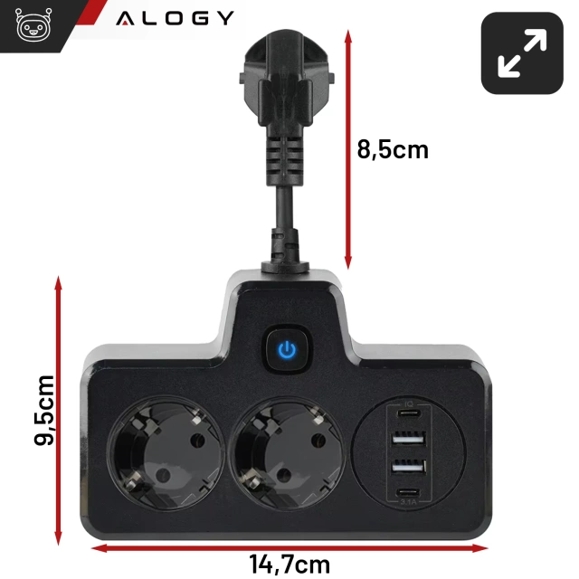 Alogy Plug Extender розетка розгалужувач розгалужувач адаптер подовжувач 2x штекер EU 2x USB 2x USB-C чорний