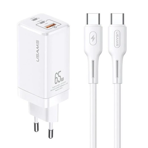 Zatížení USAMS. síť. MT 2xUSB-C USB GaN 65W T33 PD kabel USB-C-USB-C 100W Rychlé nabíjení bílá/bílá MTXLOGTC02