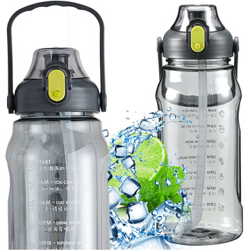 Motivational drinking water bottle with a straw, 1.5l, reminder, motivational measuring cup, handle, black