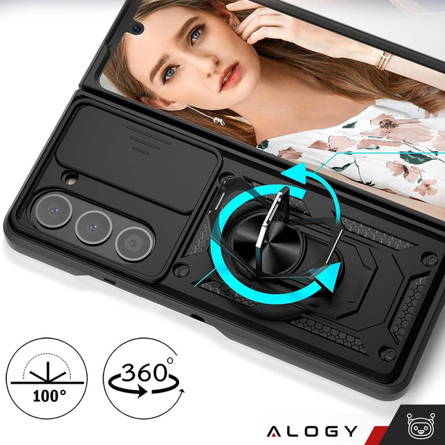 Gepanzerte Hülle für Galaxy Z Fold 5 Camshield Case Ring Alogy Stand mit verschiebbarer Kameraabdeckung, schwarz