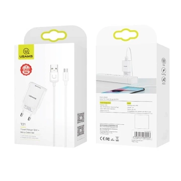 USAMS Nástěnná nabíječka 1x USB T21 micro USB bílá/bílá 2,1A rychlé nabíjení T21OCMC01