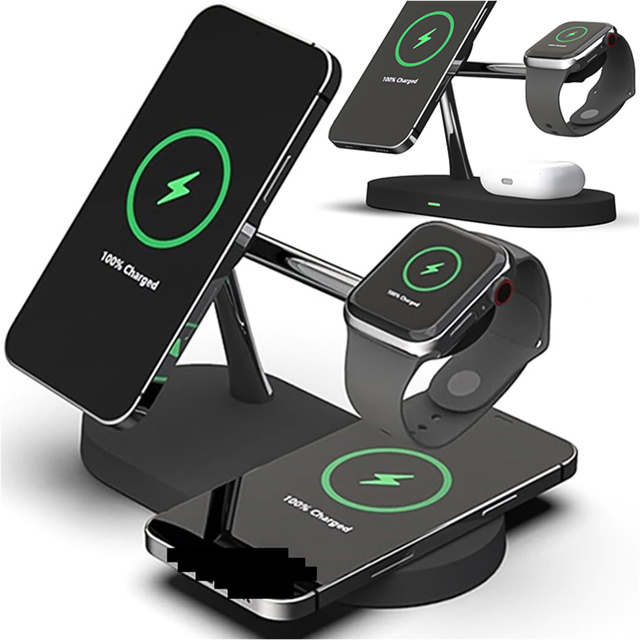 Qi Mag Safe 15W indukční nabíječka pro iPhone Apple Watch AirPods bezdrátová dokovací stanice 5v1 Černá