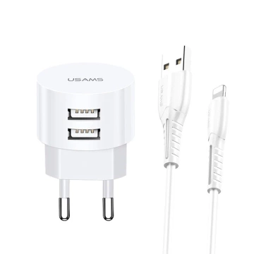 USAMS Nástenná nabíjačka 2xUSB T20 2.1A blesková biela/biela okrúhla Fast Charging XTXLOGT1804