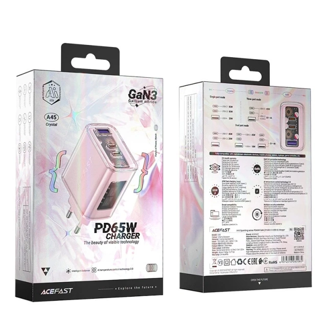 Acefast A45 GaN 65W 3-port charger (1xUSB, 2xUSB-C) pink