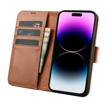 iCarer Wallet Case 2v1 pouzdro na telefon pro iPhone 14 Pro Max Anti-RFID kožený flipový kryt hnědý
